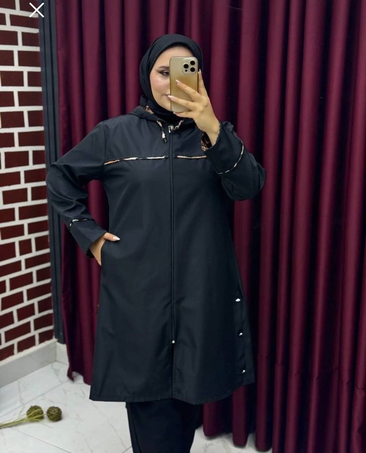 Düğmeli Siyah Uzun Kadın Yağmurluk - Görsel 2