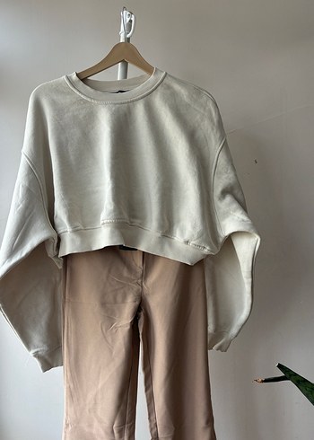 s Beden Bej Oversize Keten Kadın Sweatshirt ve pantolon