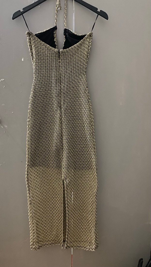 Bej Yılan Desenli Straplez çelik örgü Elbise - Görsel 3