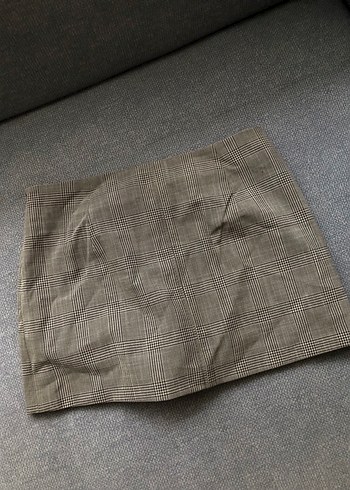 xs Beden gri Renk Bej Ekose Desenli Mini Etek