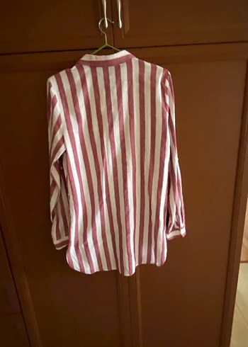 Pembe Çizgili Uzun Kollu Keten Gömlek - Görsel 2