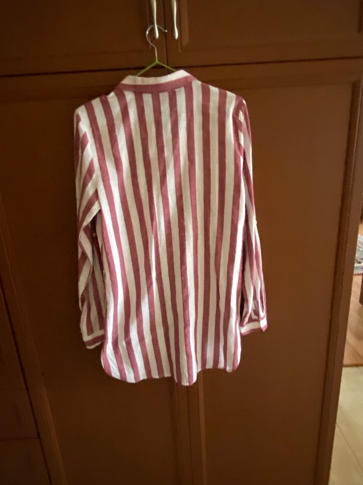 Pembe Çizgili Uzun Kollu Keten Gömlek - Görsel 2