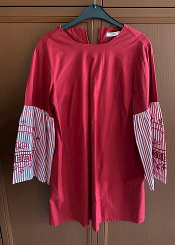 Kadın Kırmızı Düğmeli Midi Tunik - Görsel 4