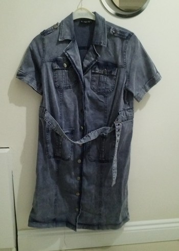 Düğmeli Gri Denim Midi Elbise