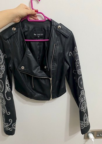 Siyah Kısa Deri Biker Ceket - Görsel 4