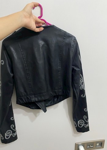 Siyah Kısa Deri Biker Ceket - Görsel 2