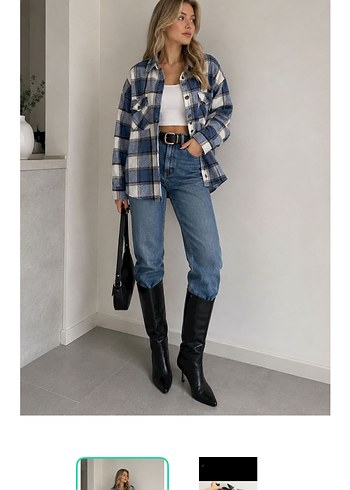 Trendyol & Milla Mavi Beyaz Ekose Oversize Gomlek