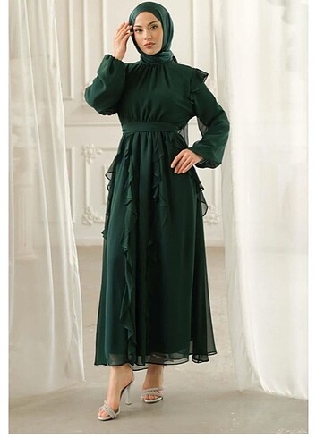 Suud Collection Yeşil şifon abiye elbise
