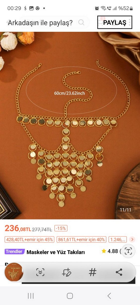 Altın Renkli Parlak Pullu Yüz Zinciri - Görsel 2