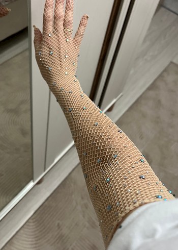 Pul İşlemeli Bej Vintage Kadın Eldiveni - Görsel 2