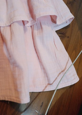 HelloBaby Nakışlı, Fırfırlı Pembe Keten Kız Elbisesi
