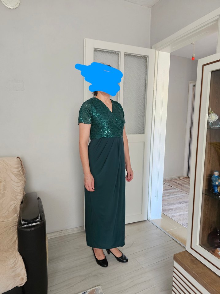 Yeşil Drapeli V Yaka Midi Elbise - Görsel 2