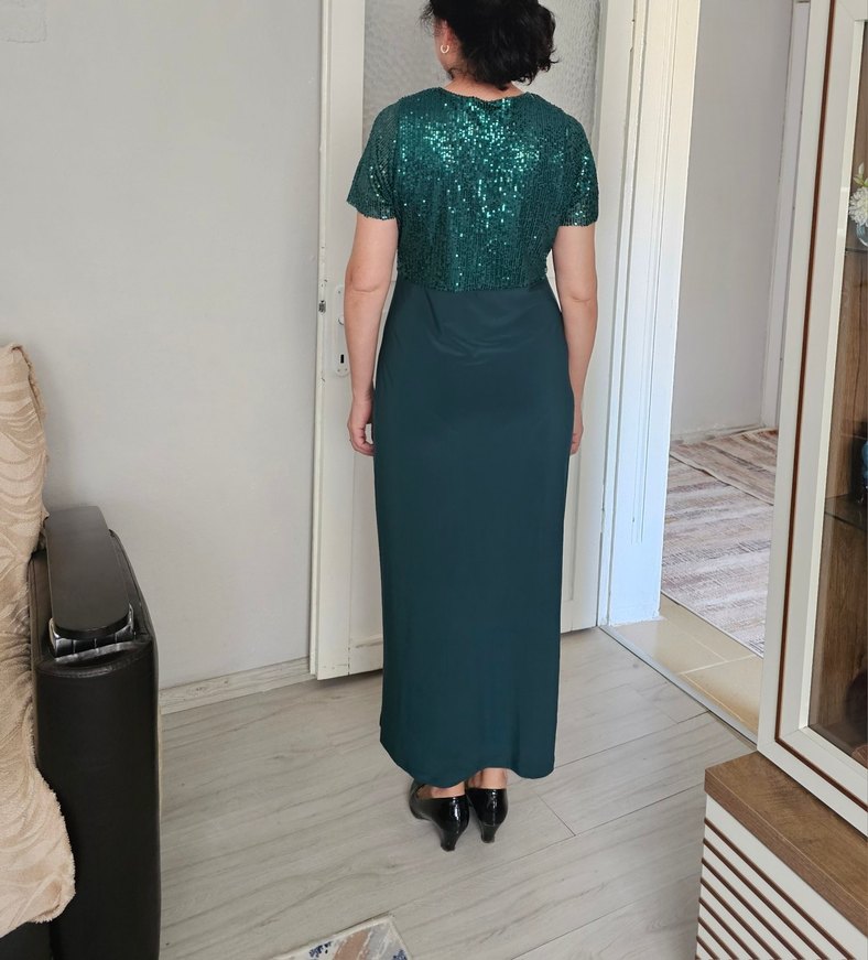 Yeşil Drapeli V Yaka Midi Elbise - Görsel 3