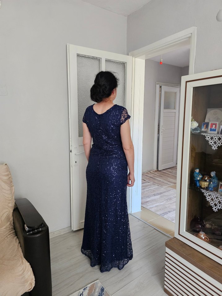 Lacivert Drapeli Uzun Abiye Elbise - Görsel 3