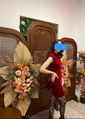 Bordo vatkalı kadife Elbise - Görsel 2