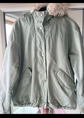 Peluş Detaylı Gri Midi Kadın Kışlık Mont - Görsel 2