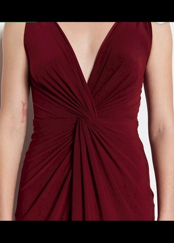 Bordo Uzun Drapeli V Yakalı Elbise - Görsel 2