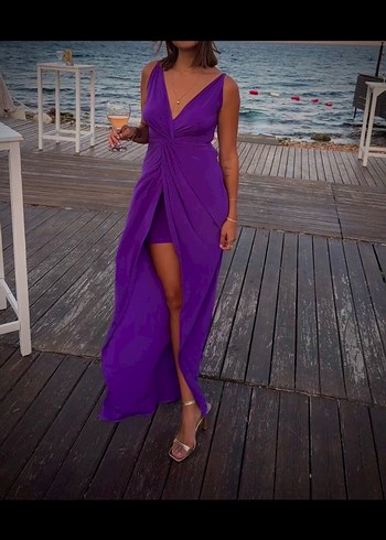 Mor Drapeli Uzun Kadın Abiye Elbise - Görsel 2