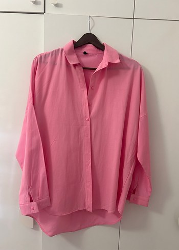 Pembe Düğmeli Uzun Kollu Keten Gömlek