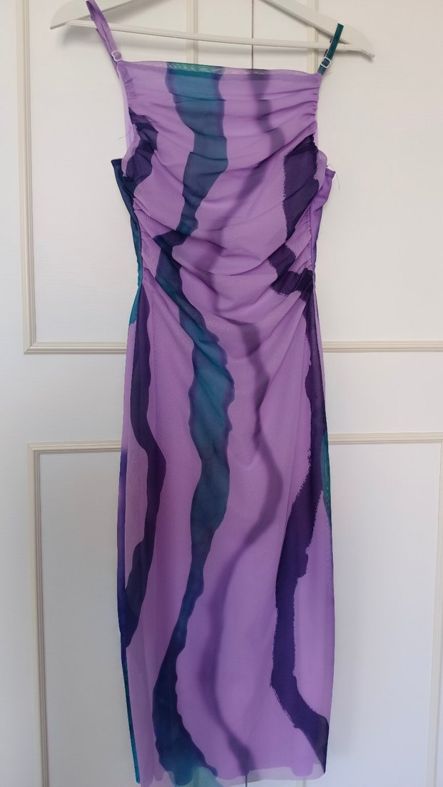 Mor Drapeli Midi Boy Askılı Kadın Elbise - Görsel 2