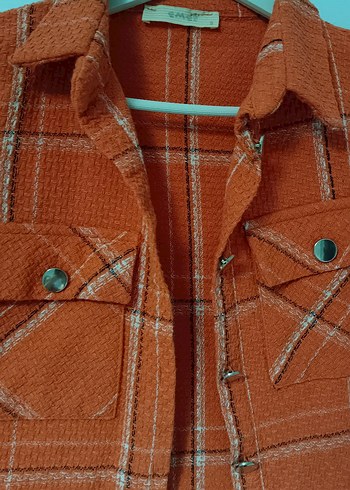 Turuncu Kareli Düğmeli Kadın Gömlek-Ceket - Görsel 2