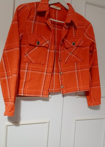 Turuncu Kareli Düğmeli Kadın Gömlek-Ceket - Görsel 4