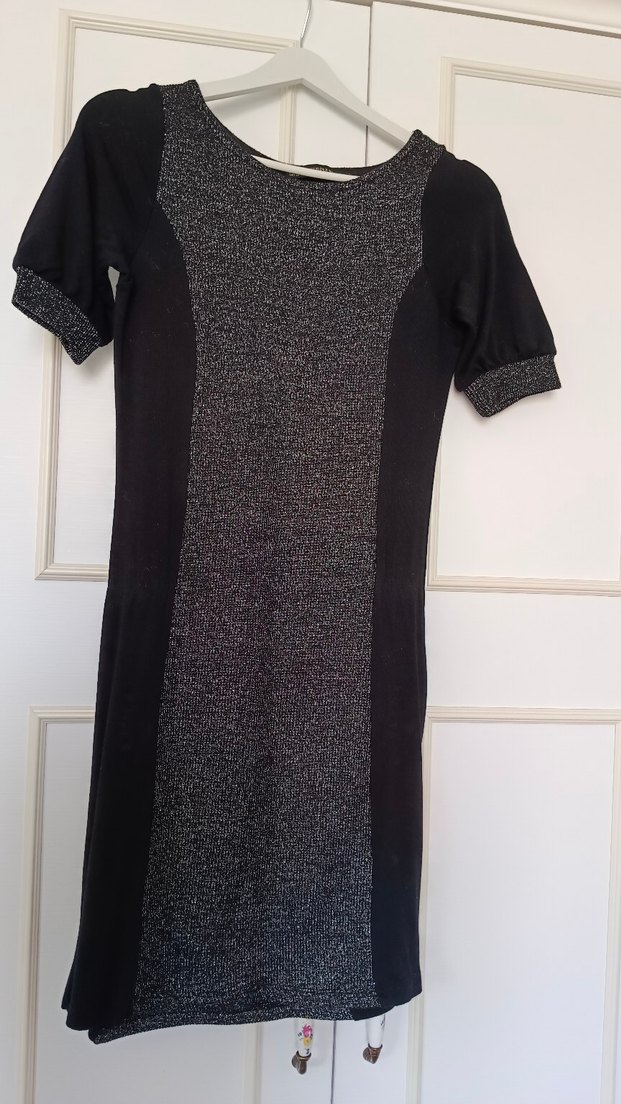 Siyah Gri Kısa Kollu Triko kısa Elbise - Görsel 2