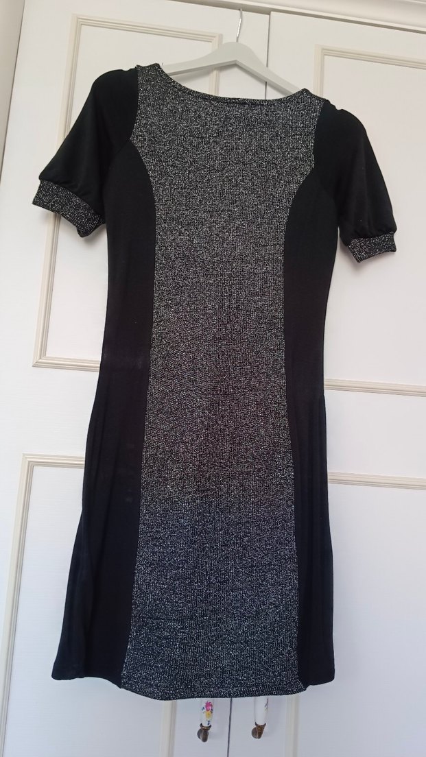 Siyah Gri Kısa Kollu Triko kısa Elbise - Görsel 4