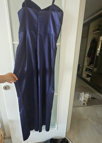 Lacivert Drapeli Uzun Straplez Abiye Elbise - Görsel 5