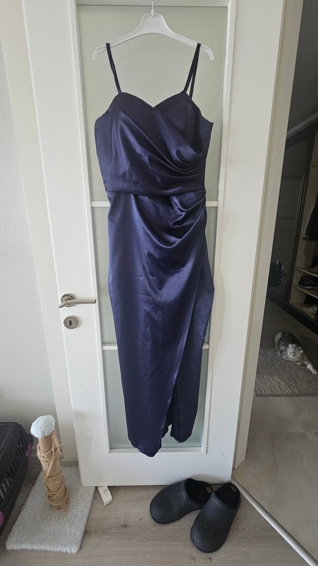 Lacivert Drapeli Uzun Straplez Abiye Elbise - Görsel 2