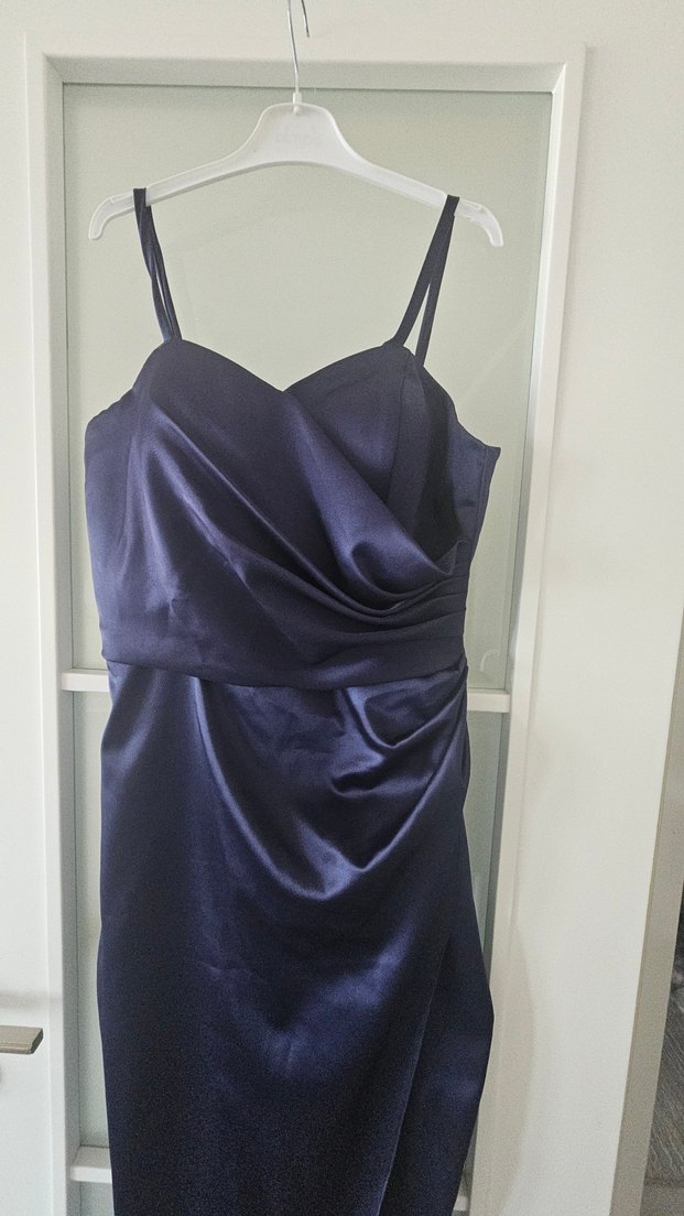 Lacivert Drapeli Uzun Straplez Abiye Elbise - Görsel 3