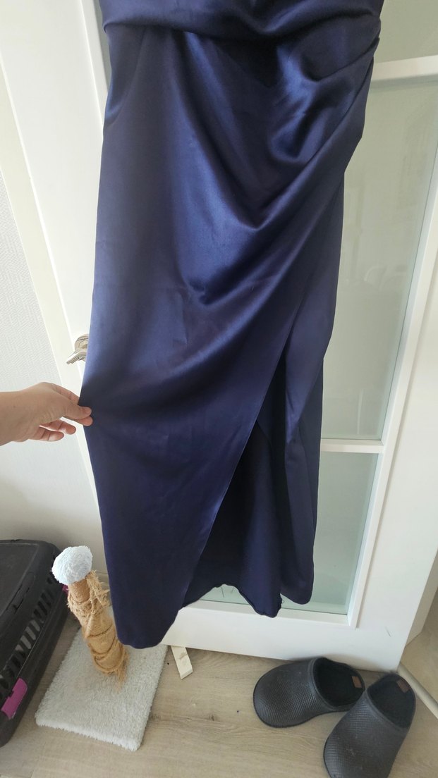 Lacivert Drapeli Uzun Straplez Abiye Elbise - Görsel 4