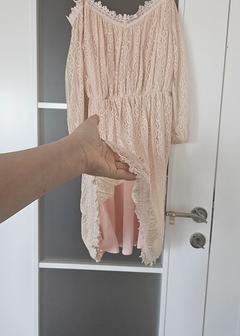 Pudra Dantel Uzun Bohem Kadın Abiye Elbise - Görsel 6