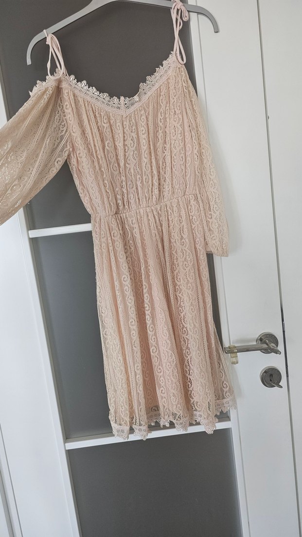 Pudra Dantel Uzun Bohem Kadın Abiye Elbise - Görsel 2