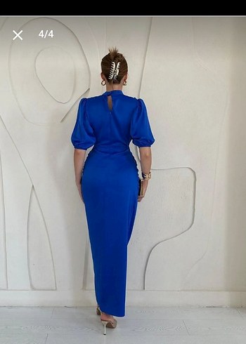 Parlak Mavi Drapeli Uzun Kadın Elbise - Görsel 3