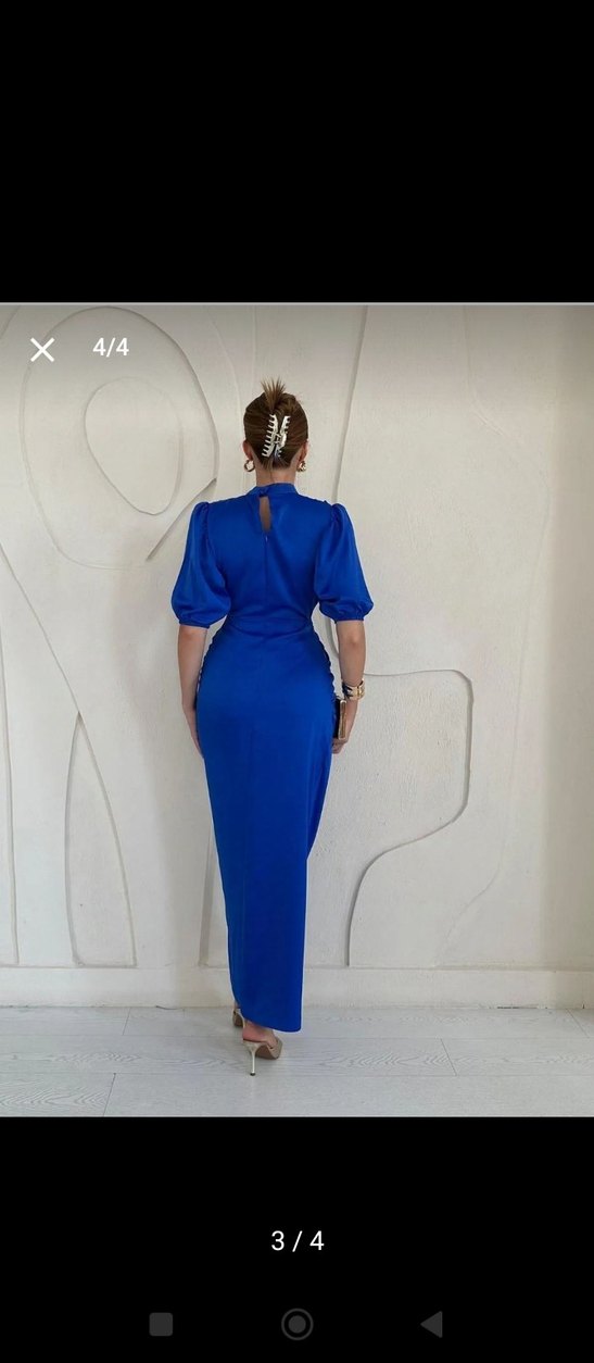 Parlak Mavi Drapeli Uzun Kadın Elbise - Görsel 3