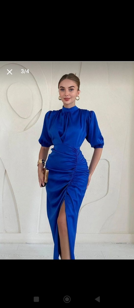 Parlak Mavi Drapeli Uzun Kadın Elbise - Görsel 2