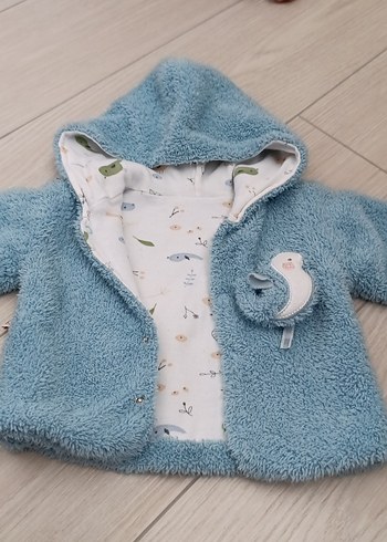 0-4 ay Mavi Kapüşonlu Kısa Peluş Bebek Mont