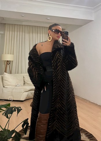 Kahverengi Uzun Kadın Suni Kürk Zebra Desenli - Görsel 3