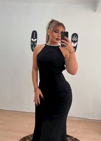 Sırt taş Detaylı Siyah Elbise - Görsel 4