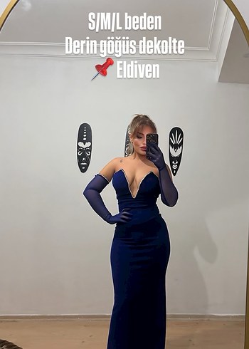 Parlak Lacivert Straplez Uzun Abiye Elbise - Görsel 6