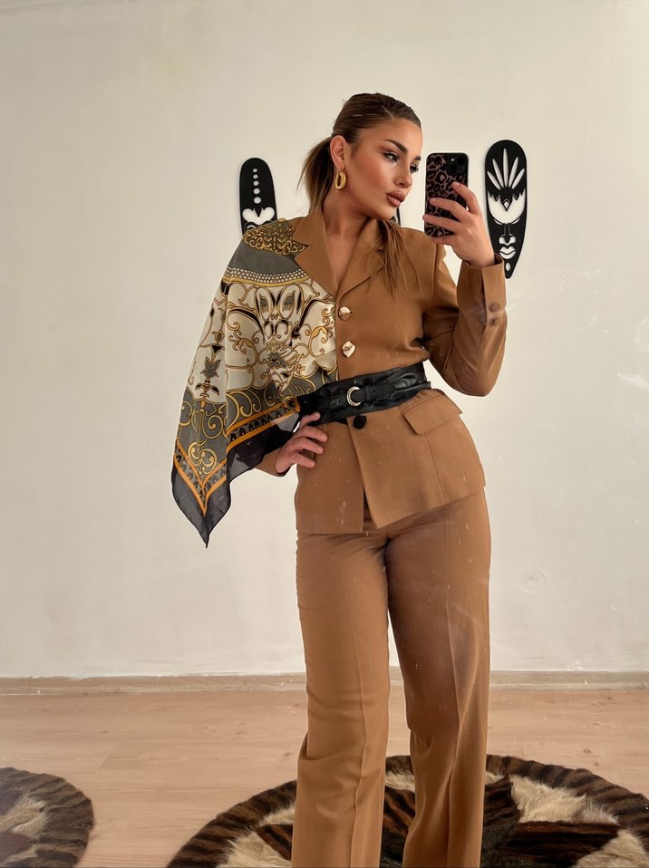 Camel Renkli Kemerli Kadın Takım - Görsel 3