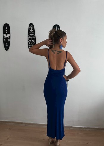 Lacivert Askılı Kadın Uzun Elbise - Görsel 2