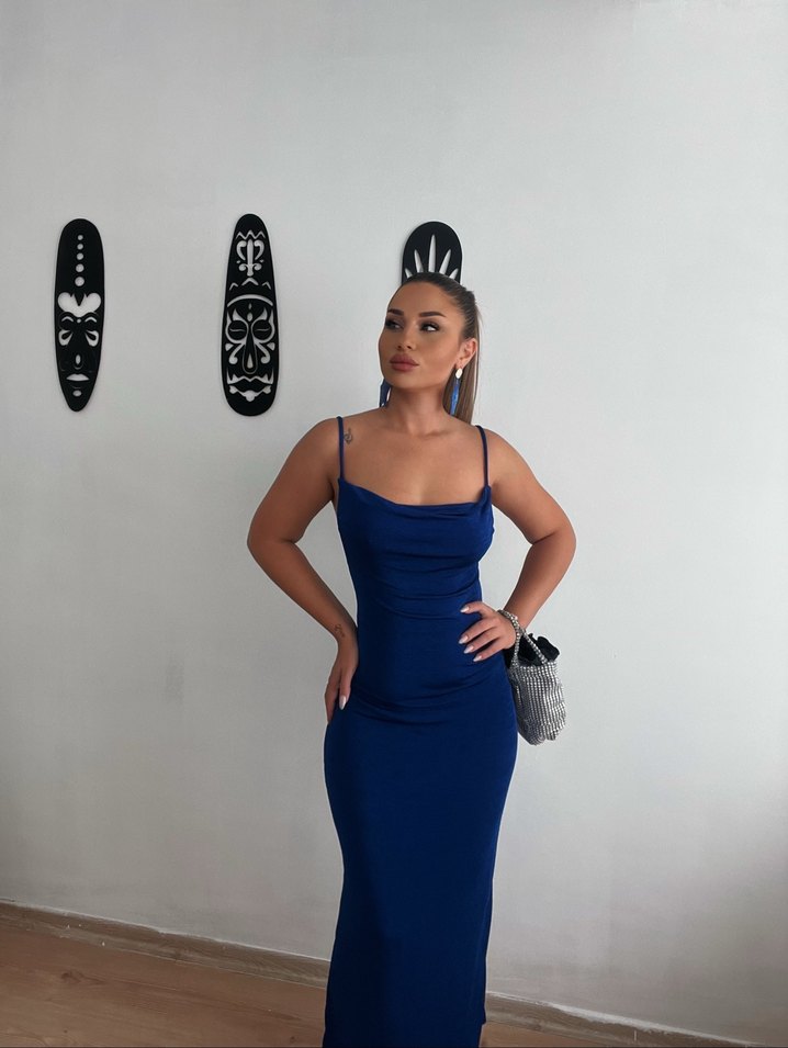 Lacivert Askılı Kadın Uzun Elbise - Görsel 5