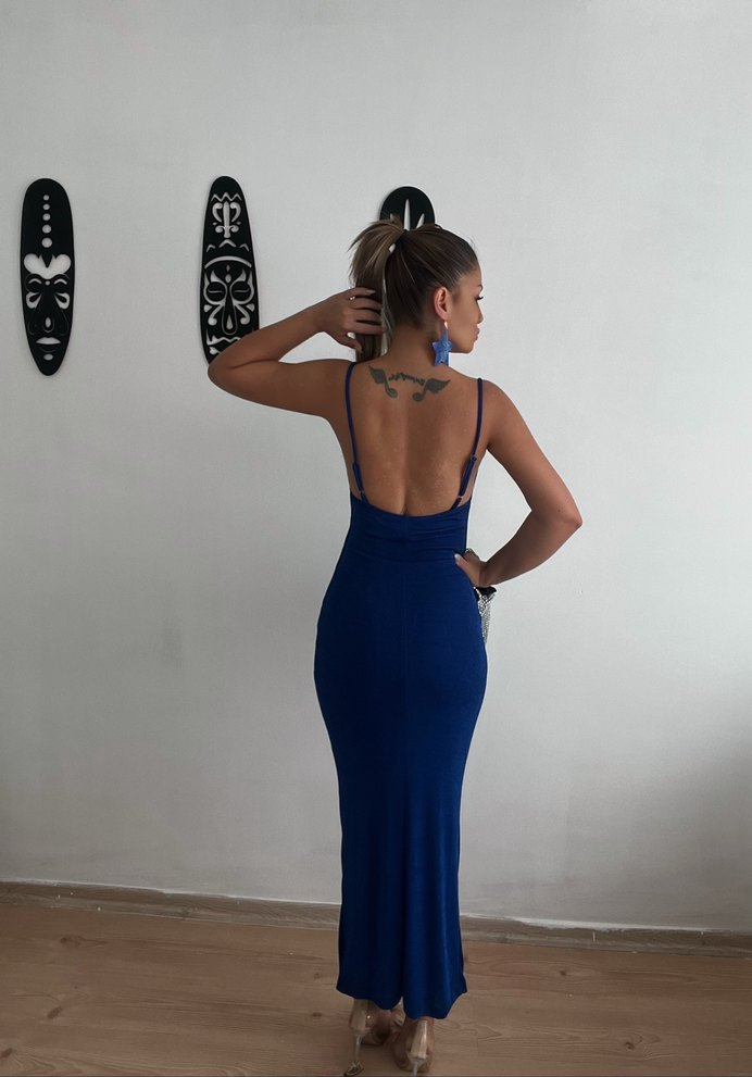 Lacivert Askılı Kadın Uzun Elbise - Görsel 2