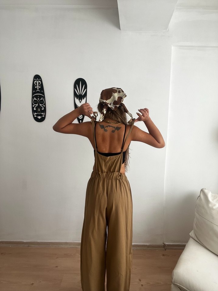 Kadın Bej Askılı salaş Tulum - Görsel 5