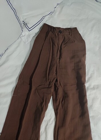 s Beden kahverengi Renk Yüksek bel bol paça kumaş pantolon 