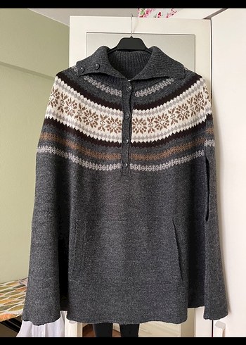 Gri Yün Örgü Bohem Kadın Panço - Görsel 2