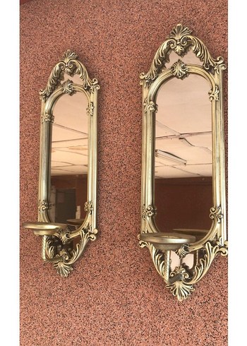 Parlak Altın Renkli Dekoratif pirinc duvar aynasi ve mumluk - Görsel 3