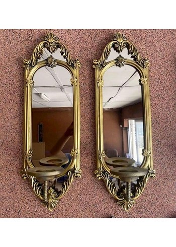 Parlak Altın Renkli Dekoratif pirinc duvar aynasi ve mumluk - Görsel 2